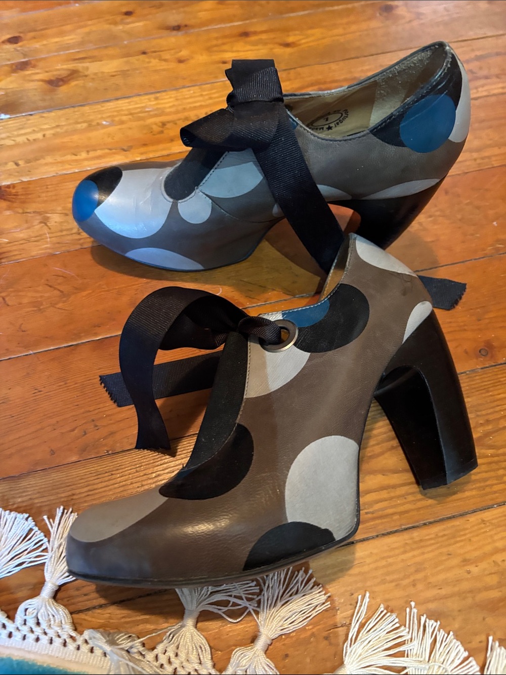 John Fluevog Polka Dot Lace-Up Heels in Gray and Black